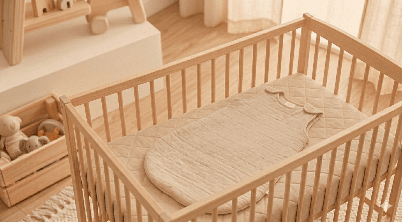 Natural wood baby bed for a newborn nursery